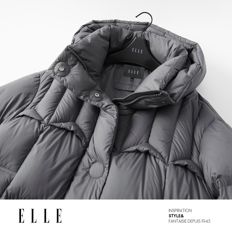 ELLE90 white duck down long hooded down jacket for women 2025 winter new year new year simple long thickened warm jacket medium gray M