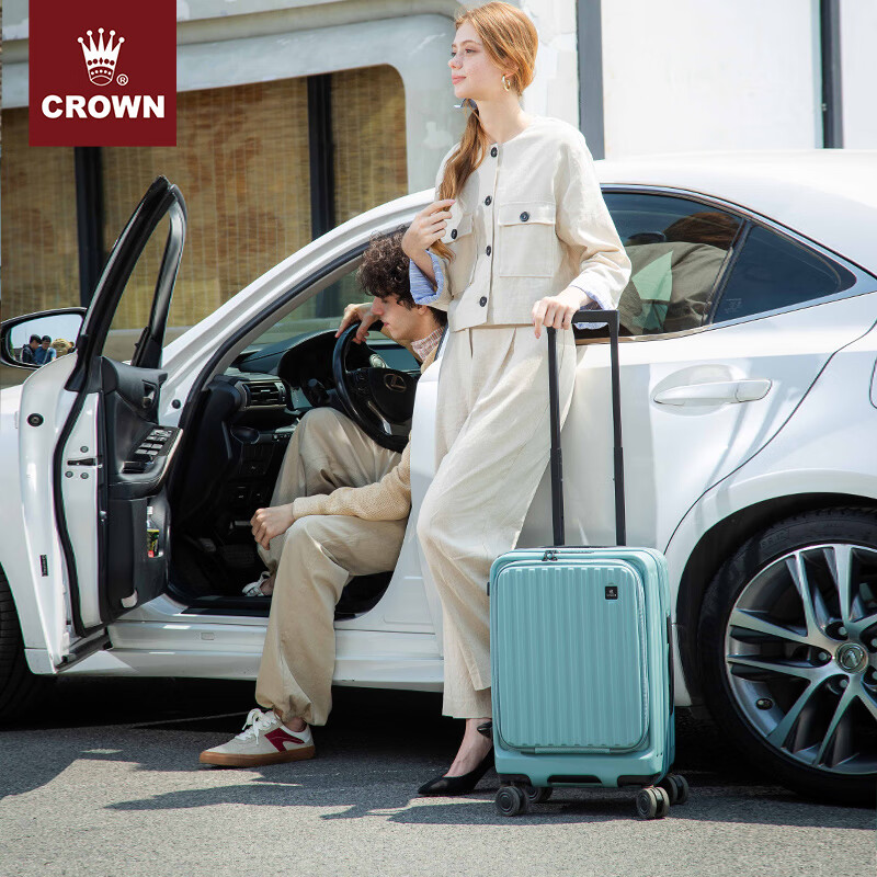 CROWN front-opening suitcase, expandable large-capacity trolley suitcase, eco-friendly suitcase, travel suitcase 5020/5215, sapphire color, 20 inches, boardable/expandable by 15%