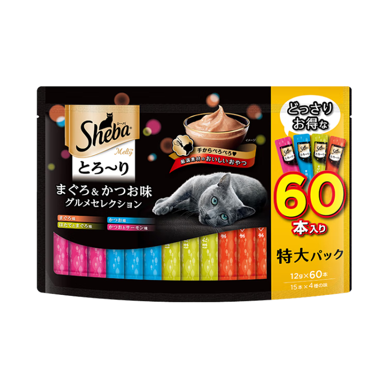 Sheba imported cat snacks for adults, cat strips, tuna + sea and land + salmon + scallops 12g*60