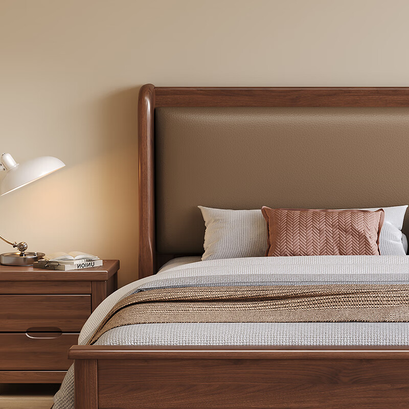 Foreign walnut solid wood bed double bed new Chinese style master bedroom large bed light luxury soft package home wedding bed 508 bed