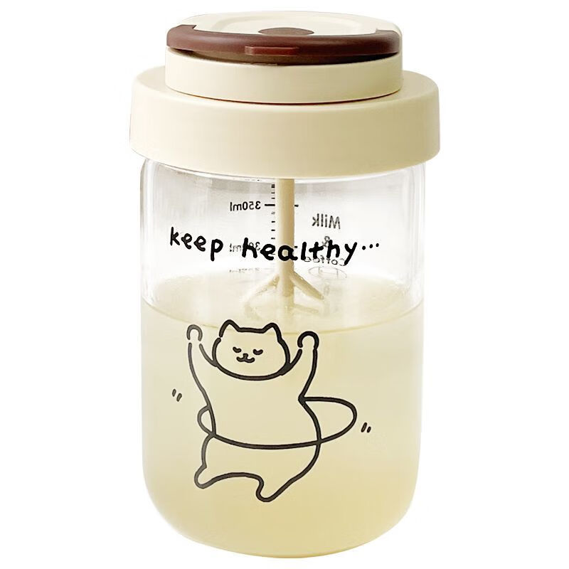 Enshousu mixing cup, high temperature resistant glass cup, fully automatic soy milk and milk powder mixing, portable handle cover, coffee brewing cup, Knowledge Meow 450ml line cat mixing cup