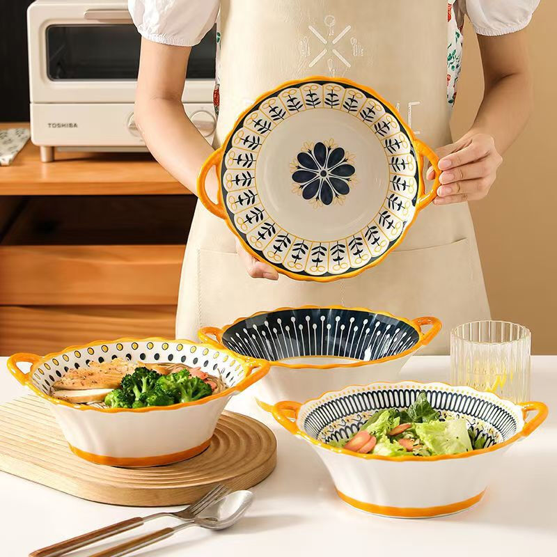 Nordic ceramic bowl rice bowl large bowl thickened household plate ins style high-looking anti-scalding plate and bowl set tableware 7.5-inch double-eared bowl + spoon good luck and colorful