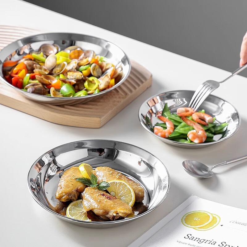Onlycook304 stainless steel plate round steaming dinner plate kitchen preparation side dish food grade plate tray-22cm