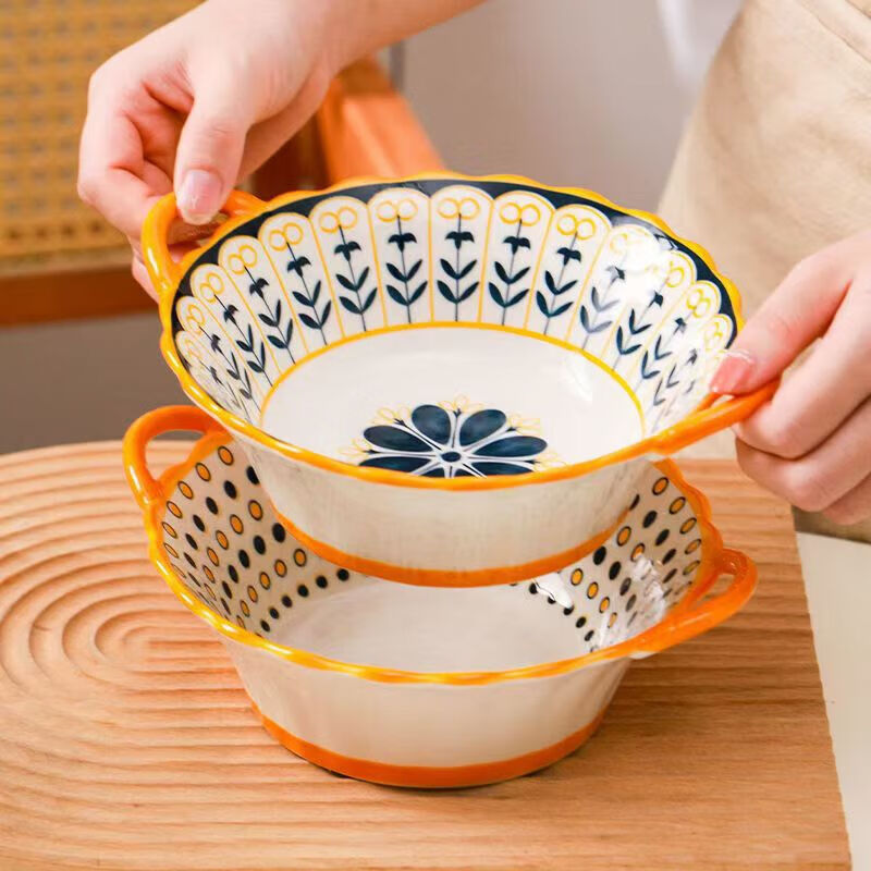 Nordic ceramic bowl rice bowl large bowl thickened household plate ins style high-looking anti-scalding plate and bowl set tableware 7.5-inch double-eared bowl + spoon good luck and colorful