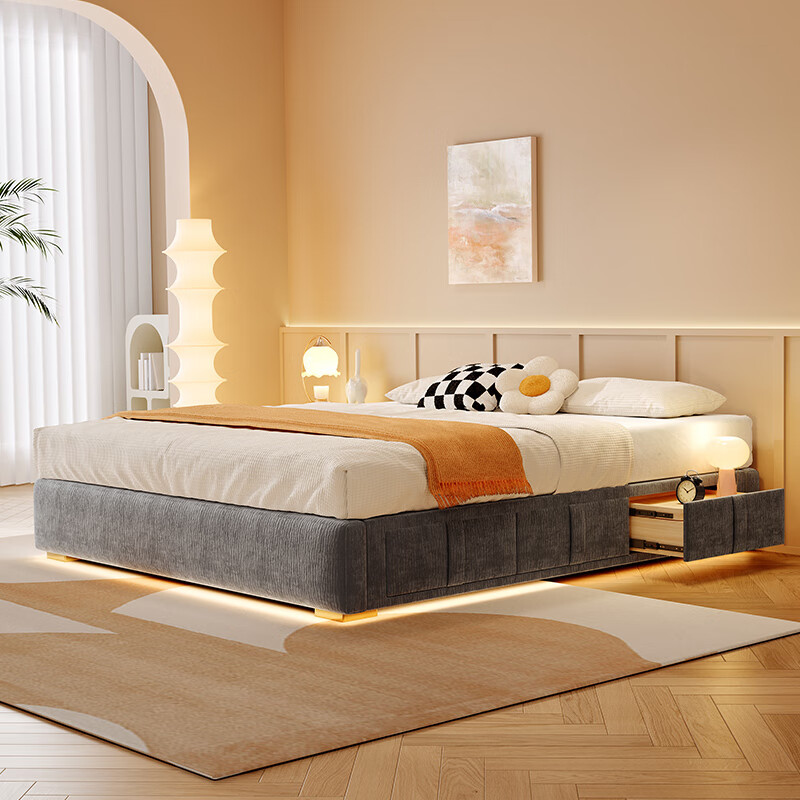 Winter Bear French Cream No Bedside Bed Backless Chenille Fabric Sliding Storage Box Storage Drawer Bed No Lamp/Chenille Velvet/Beech Wood Rib Frame 1800mm*2000mm Sliding Structure