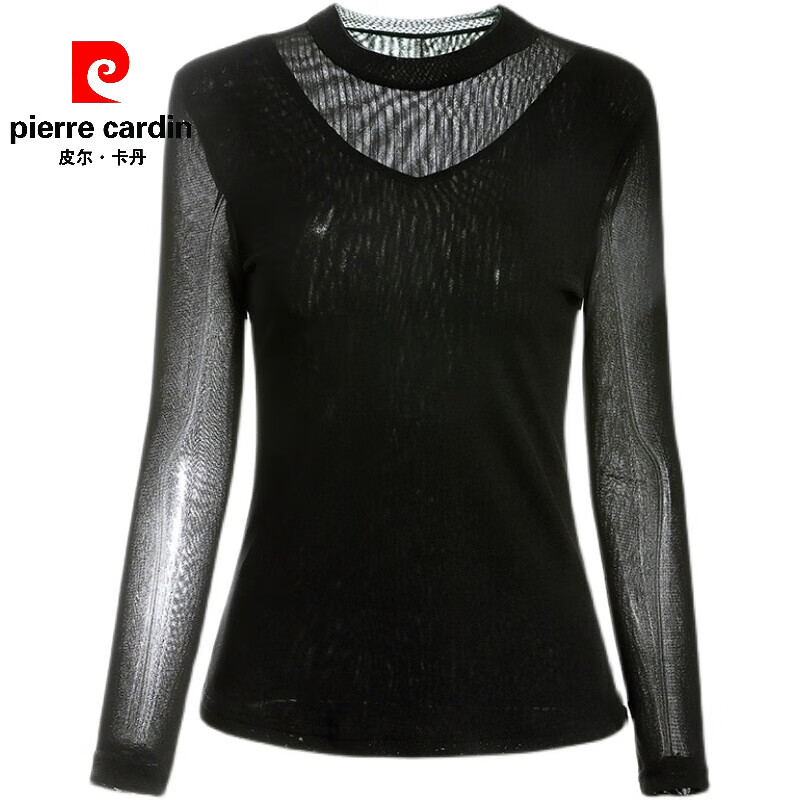 Pierre Cardin mesh bottoming shirt for women 2026 spring and autumn new women's wear inner T-shirt black fashionable style small shirt lace top black M/collar L recommended 100-115 pounds