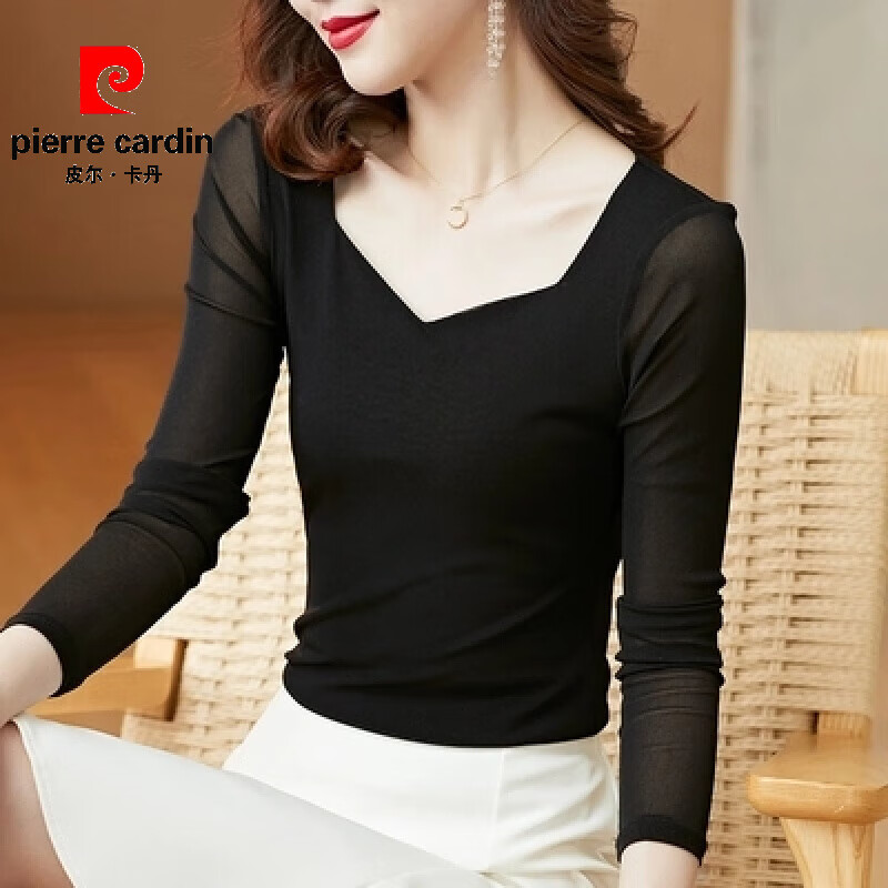 Pierre Cardin mesh bottoming shirt for women 2026 spring and autumn new women's wear inner T-shirt black fashionable style small shirt lace top black M/collar L recommended 100-115 pounds