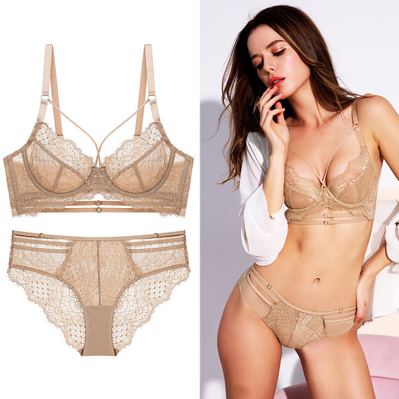 Victoria Palace Sexy Underwear Ultra-thin Transparent Half Cup Lace Underwear Big Breast Revealing Small Anti-sagging Push-up Bra Set Lotus Root 80B/36 with L Size Underwear