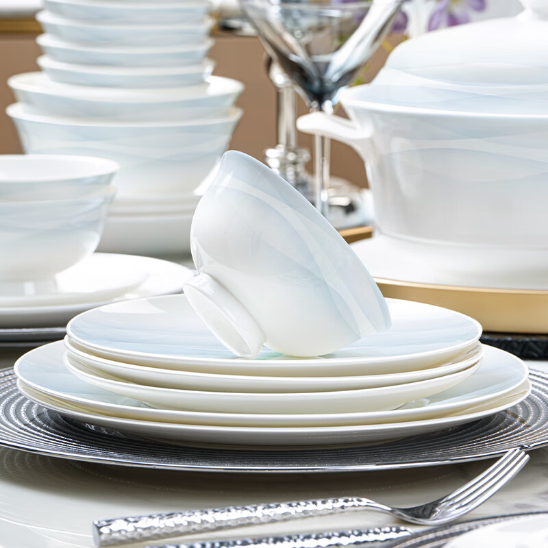 NINE CRANES Jingdezhen high-end bowl set household light luxury gradient dishes simple housewarming gift bowl and plate set 46-piece set | no fear of dishwasher | high-end portable gift box