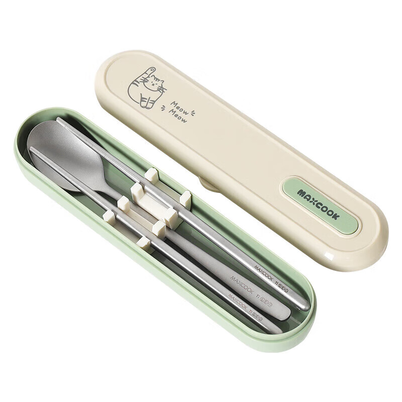 MAXCOOK Titanium Purifying Chopsticks and Spoons Portable Tableware Set Metal Titanium Chopsticks High Temperature Resistant Anti-Slip Light Luxury Titanium Health Matcha Milk Green 3-piece Set MCCU8877