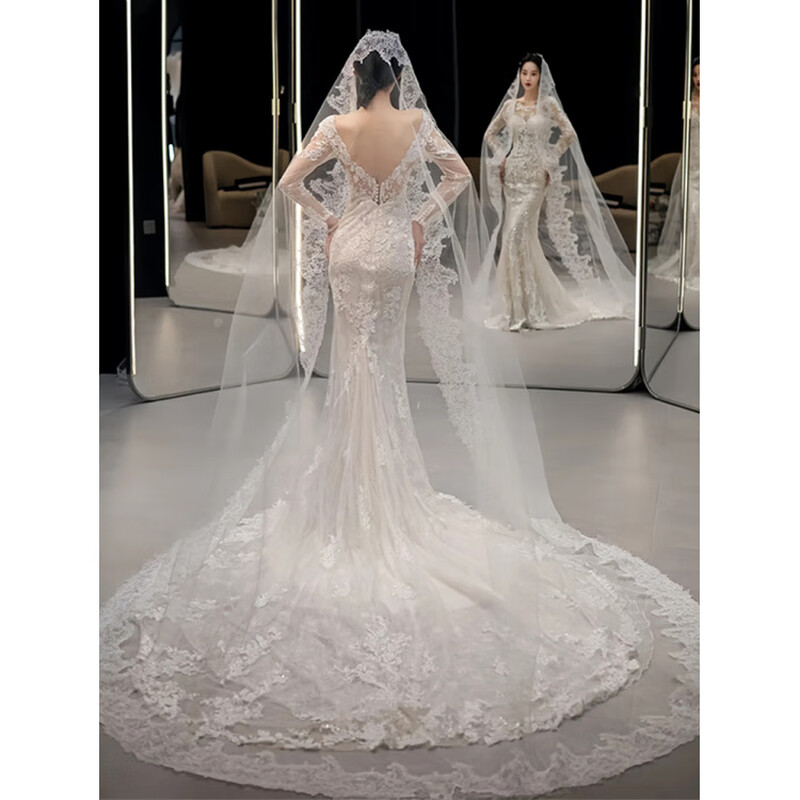 Wei Lianmenglan fishtail light wedding dress bride 2025 new French long-sleeved lace high-end niche outing veil welcome slim dress white S size is too small