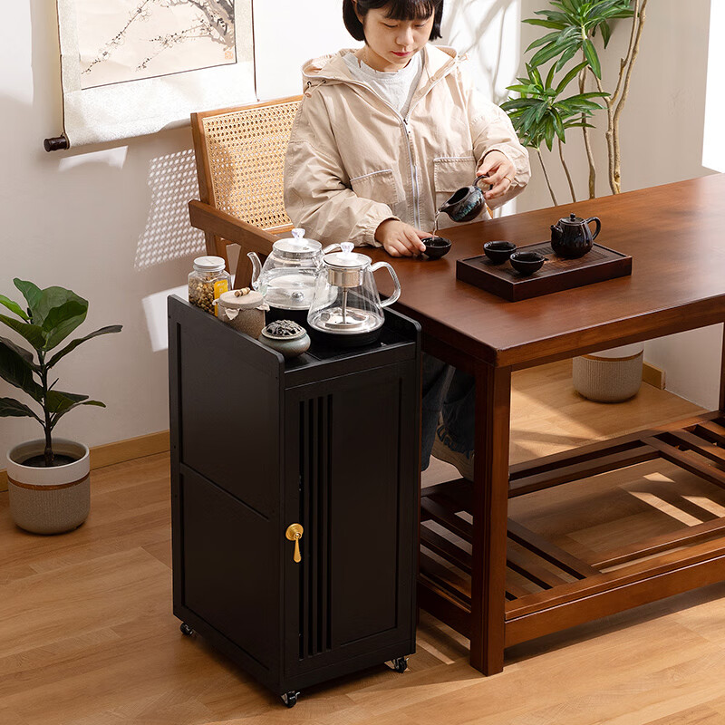 Trojan mobile tea table small tea table kettle integrated balcony leisure living room home coffee table tea table multi-functional brown - single door (no cover)