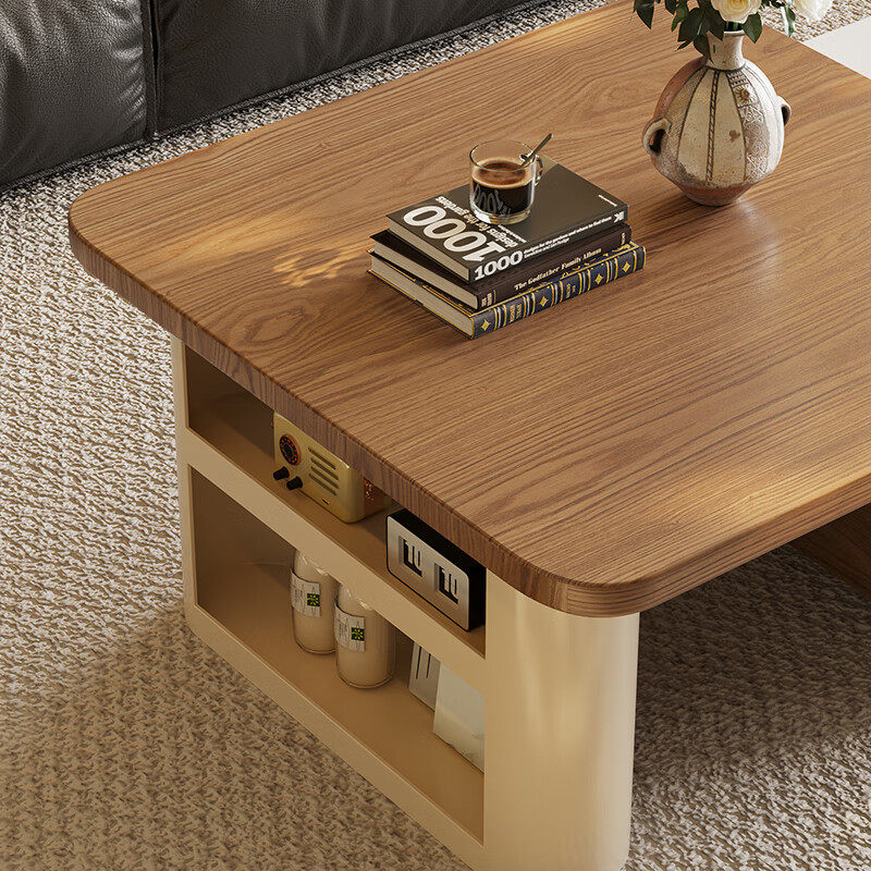 Zuo Kezuo's ancient style coffee table combination living room household small apartment 2025 new simple high-end storage floor-standing telescopic tea table telescopic double-layer square cabinet solid wood coffee table combination