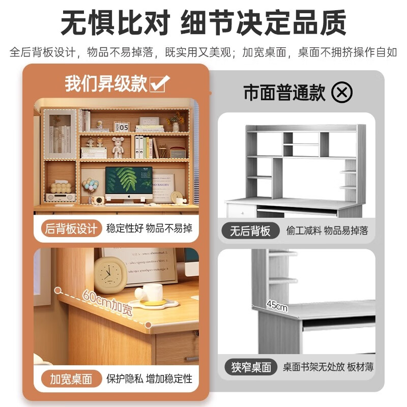 Motai desk bookcase bookshelf integrated table home junior high school student study table writing table and chair adult bedroom computer table recommended five-draw visual door pastoral wood 140*60CM assembly (self-installation)