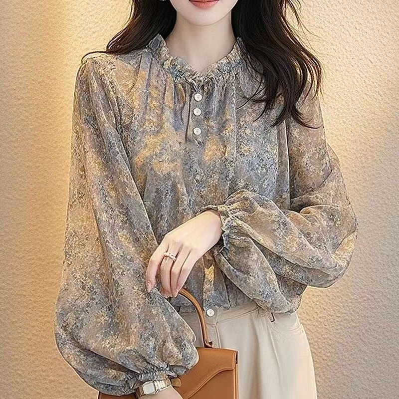 Xia Dian Sudian Queen (SE.PSTP) French Floral Chiffon Top Women's Autumn 2025 New Style Western Unique and Exquisite Long-sleeved Shirt Floral Shirt Version 3XL Recommended to wear 130-140 pounds