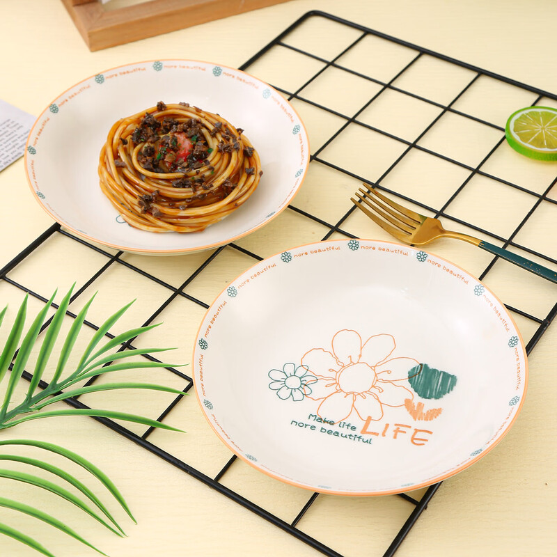 Household ceramic plate dish plate round plate ceramic simple style underglaze color simple line flower 7-inch breakfast plate 7-inch breakfast plate 2 pack
