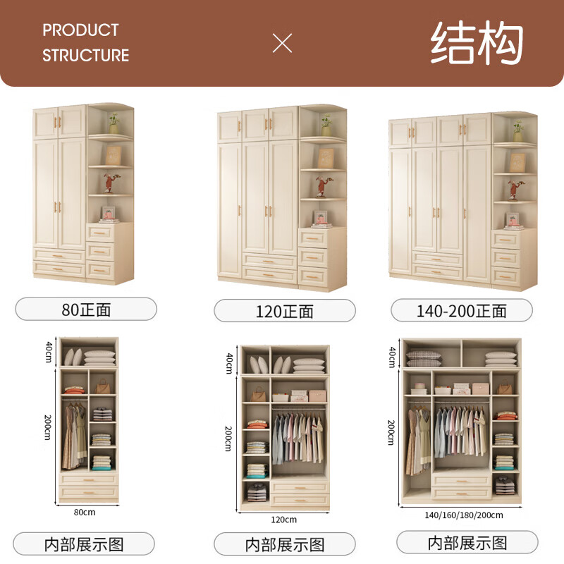 Zhilei wardrobe bedroom home European cream style large wardrobe flat door simple storage storage cabinet wardrobe 1.2 meters main cabinet three doors