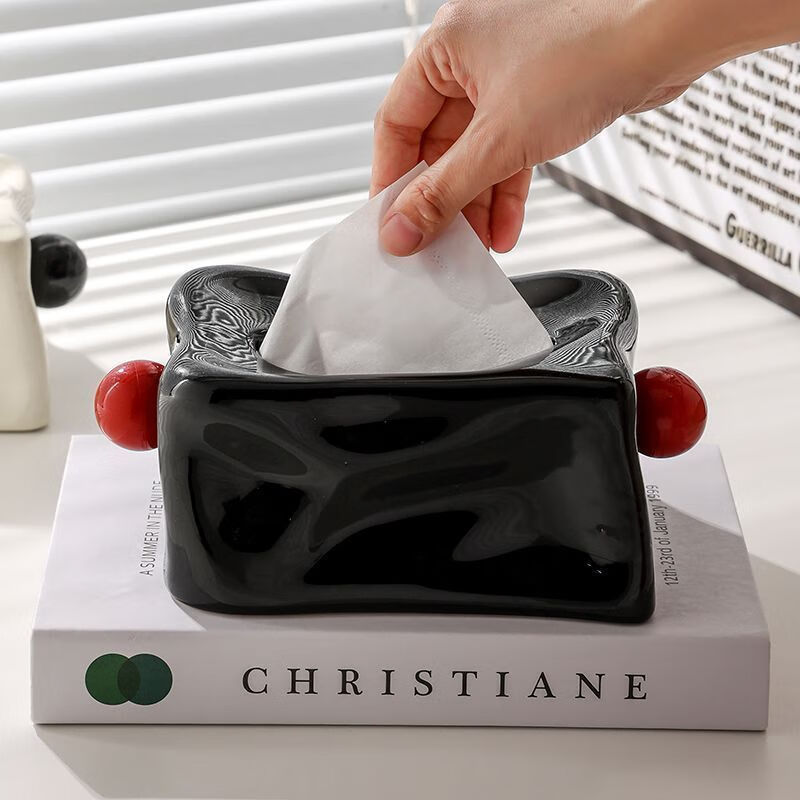 New high-looking ceramic bead tissue box, durable and safe tissue box, living room desktop tissue box decoration, ball glacier tissue box - off-white without balls