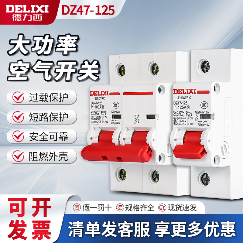 Delixi air switch D type high current dz47 household 2P high power switch 100a circuit breaker 220 100A 2P