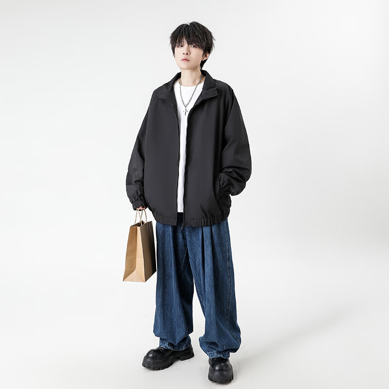 Dingfengbaoluo casual jacket men's autumn solid color simple versatile fashion loose top coat KD16 black L