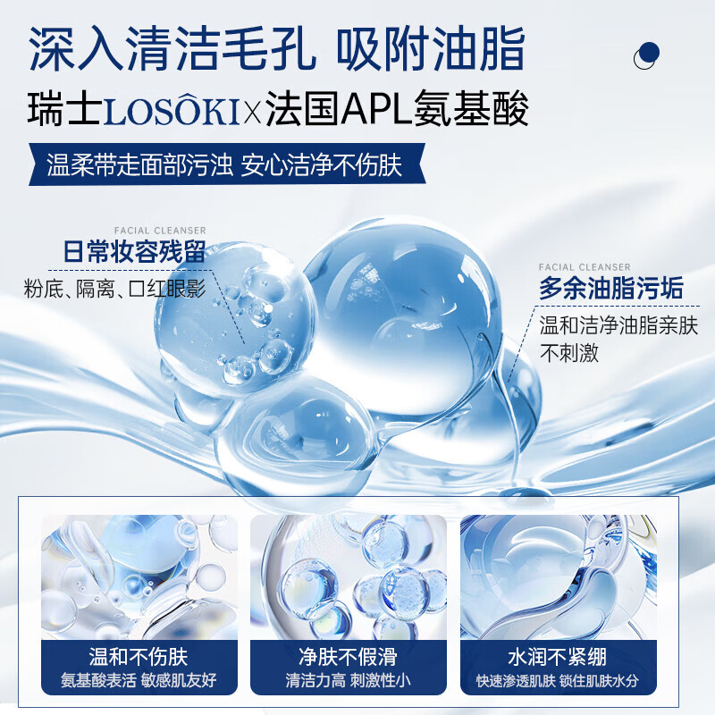 Losoki Swiss imported amino acid facial cleanser, whitening, oil control, acne removal, mite removal, blackhead removal, special facial cleanser for men and women