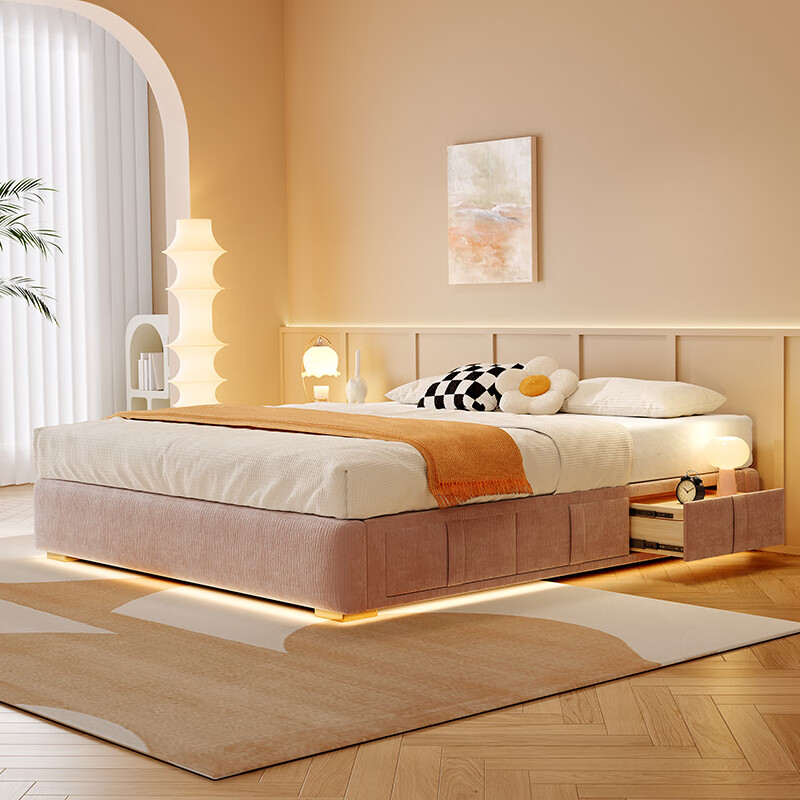 Winter Bear French Cream No Bedside Bed Backless Chenille Fabric Sliding Storage Box Storage Drawer Bed No Lamp/Chenille Velvet/Beech Wood Rib Frame 1800mm*2000mm Sliding Structure