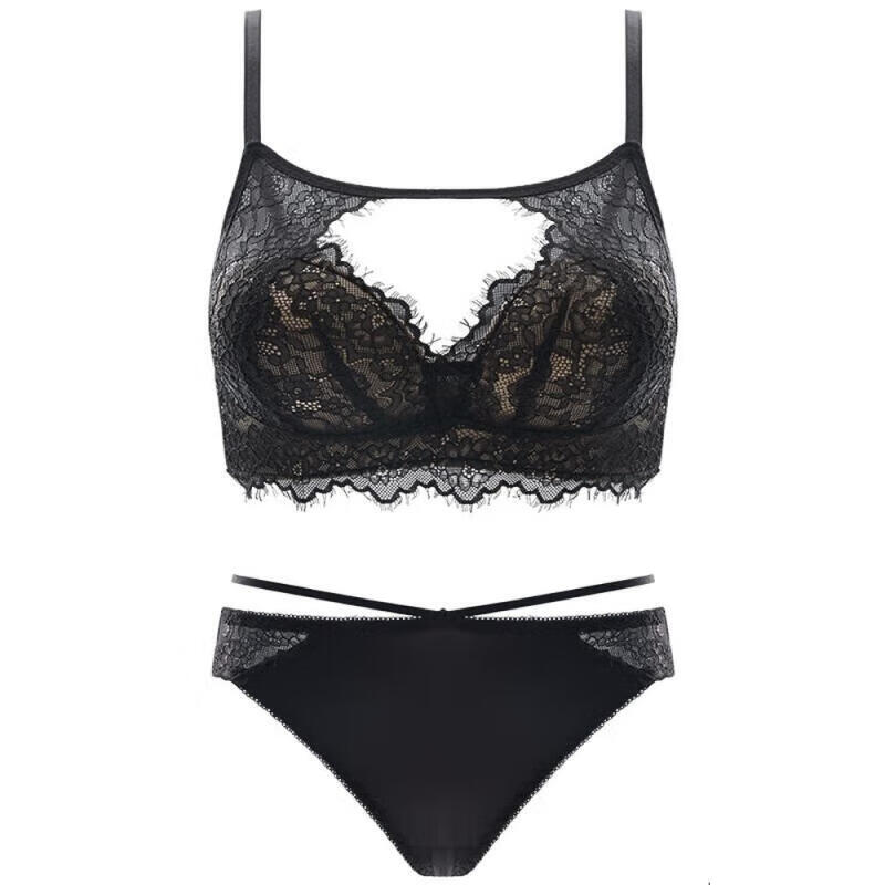Jin Bingsheng French bra set for women with small breasts, large push-up, push-up support for secondary breasts, sexy lace seamless back bra set, black suit, back slim fit 34/75AB