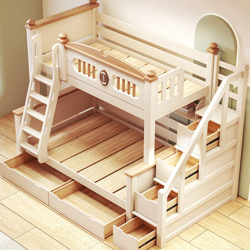 Lixubao Spot Sparkling Cherry Wood Children's Bed All Solid Wood Upper and Lower Bunks Double-layer Bunk Bed High and Low Bed Ladder Style + Double Drawer + Mattress*2 1600mmx2000mm