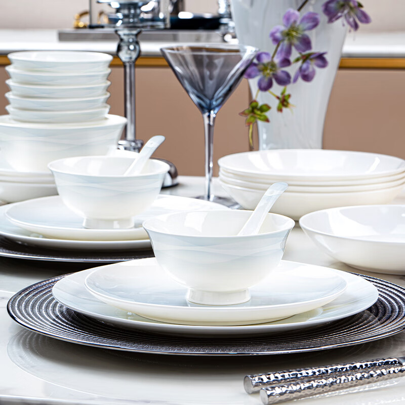 NINE CRANES Jingdezhen high-end bowl set household light luxury gradient dishes simple housewarming gift bowl and plate set 46-piece set | no fear of dishwasher | high-end portable gift box
