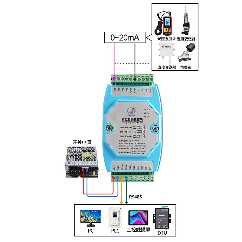 Yue Changsheng signal remote collector analog input module 0-20mA to RS485 communication current voltage 8-way analog input current type