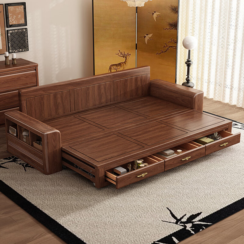 Harmony Home Sofa Bed Black Walnut Solid Wood Sofa Bed All-in-One Dual-Purpose 2025 New Push-Pull Small Apartment Sofa Living Room 2.19 Meter Sofa Bed Without Armrest Package Assembly