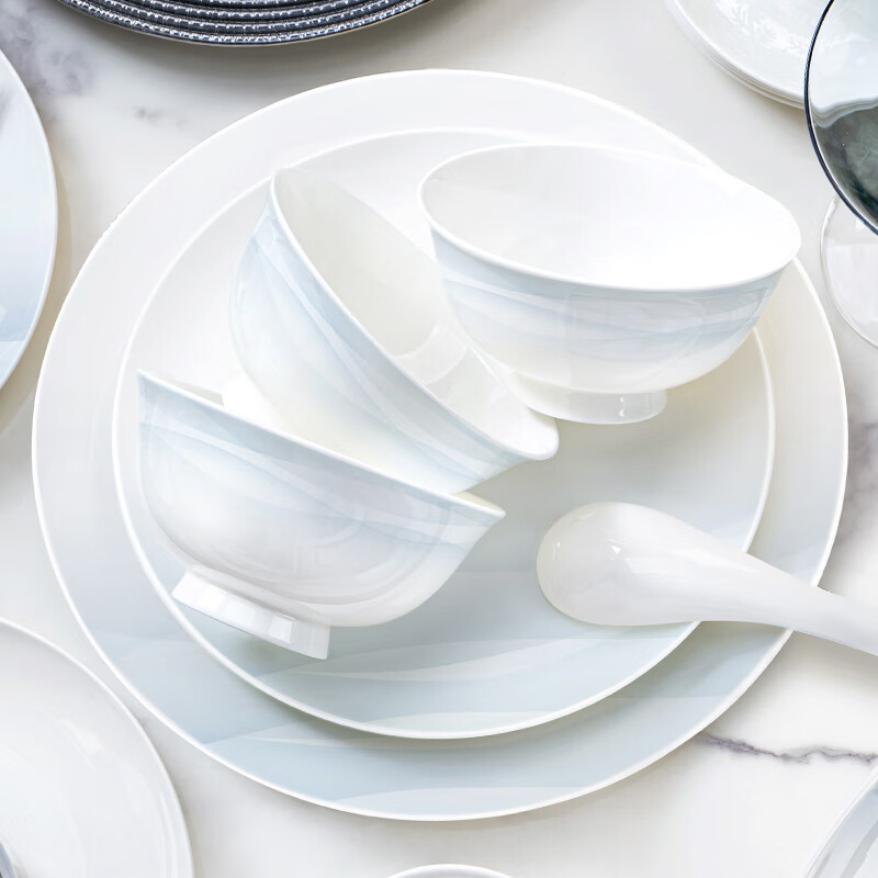 NINE CRANES Jingdezhen high-end bowl set household light luxury gradient dishes simple housewarming gift bowl and plate set 46-piece set | no fear of dishwasher | high-end portable gift box