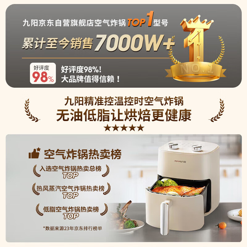 Joyoung's flip-free, efficient baking, steam tender, steaming, baking and frying all-in-one air fryer 5.3L large capacity household practical multi-function fully automatic government subsidy KL50-V515