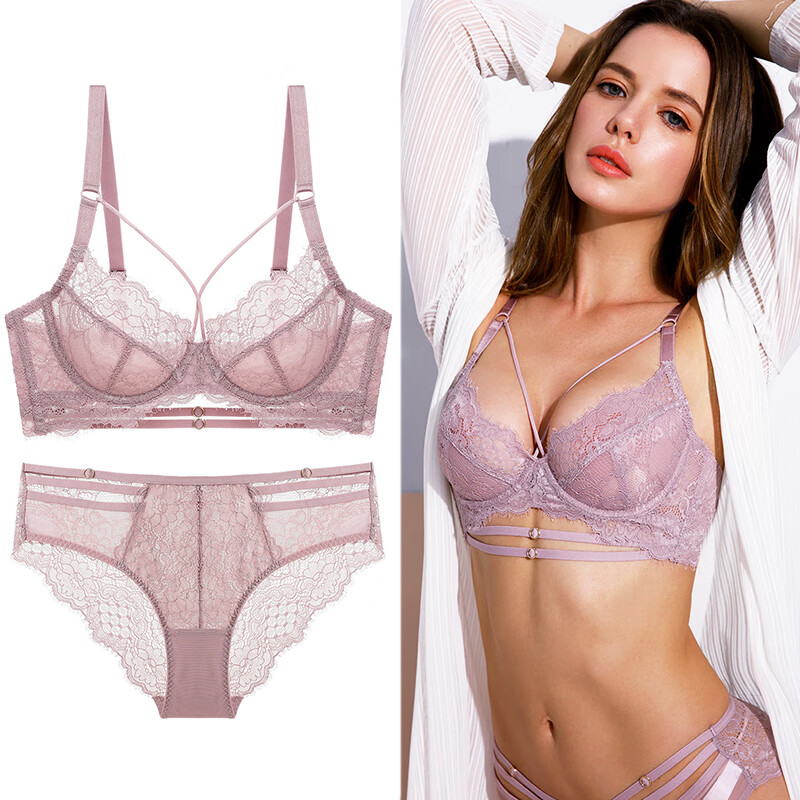 Victoria Palace Sexy Underwear Ultra-thin Transparent Half Cup Lace Underwear Big Breast Revealing Small Anti-sagging Push-up Bra Set Lotus Root 80B/36 with L Size Underwear