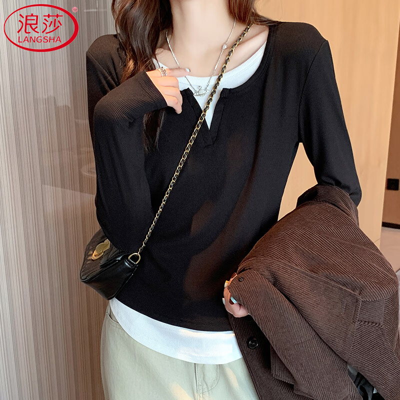 Langsha fake two-piece v-neck bottoming shirt for women autumn 2025 new design niche slim right shoulder inner T-shirt top