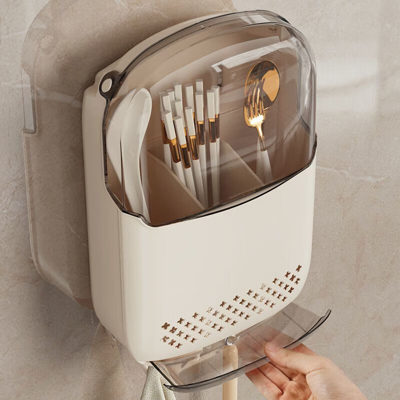 YOUQIN Chopstick Storage Box Kitchen Storage Countertop Spoon Cutlery Container Drain Storage Rack Chopstick Cage Chopstick Basket Chopstick Container Upgraded Model/With 3 Hooks-Milk White