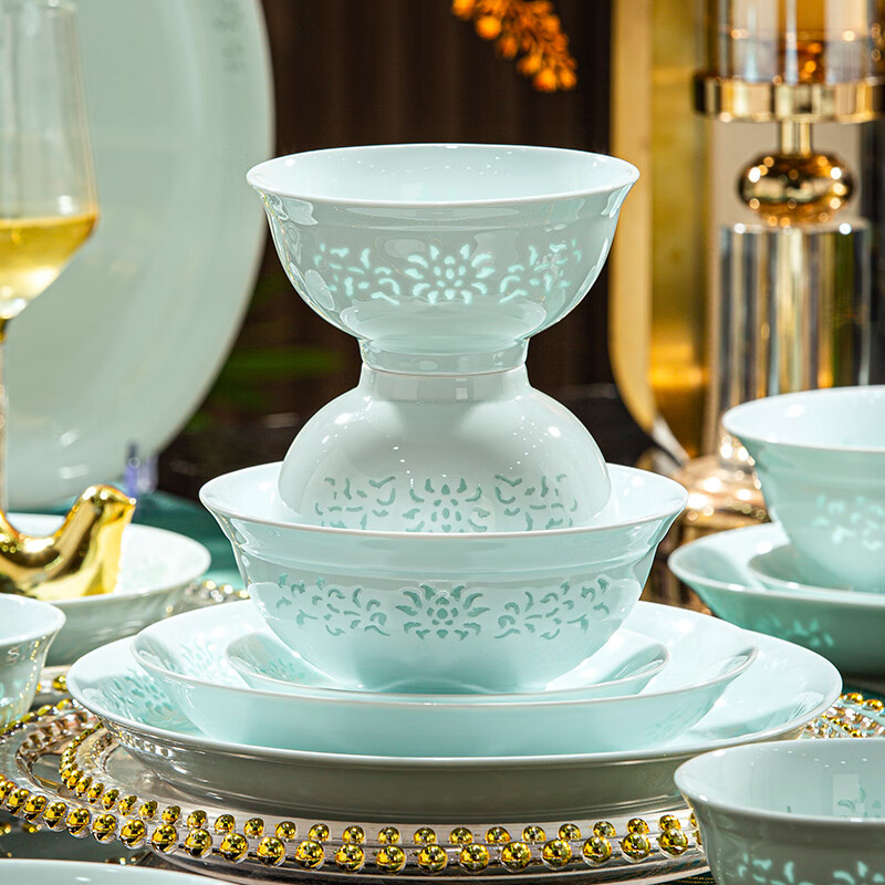 Yueyan Tingge Jingdezhen high-end underglaze color celadon exquisite bowl and dish set household tableware complete set housewarming wedding new home gift jade exquisite 68 pieces for 10 people
