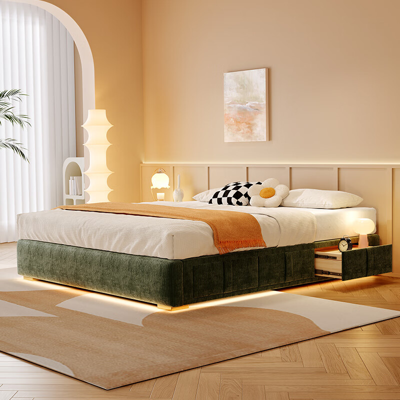 Winter Bear French Cream No Bedside Bed Backless Chenille Fabric Sliding Storage Box Storage Drawer Bed No Lamp/Chenille Velvet/Beech Wood Rib Frame 1800mm*2000mm Sliding Structure