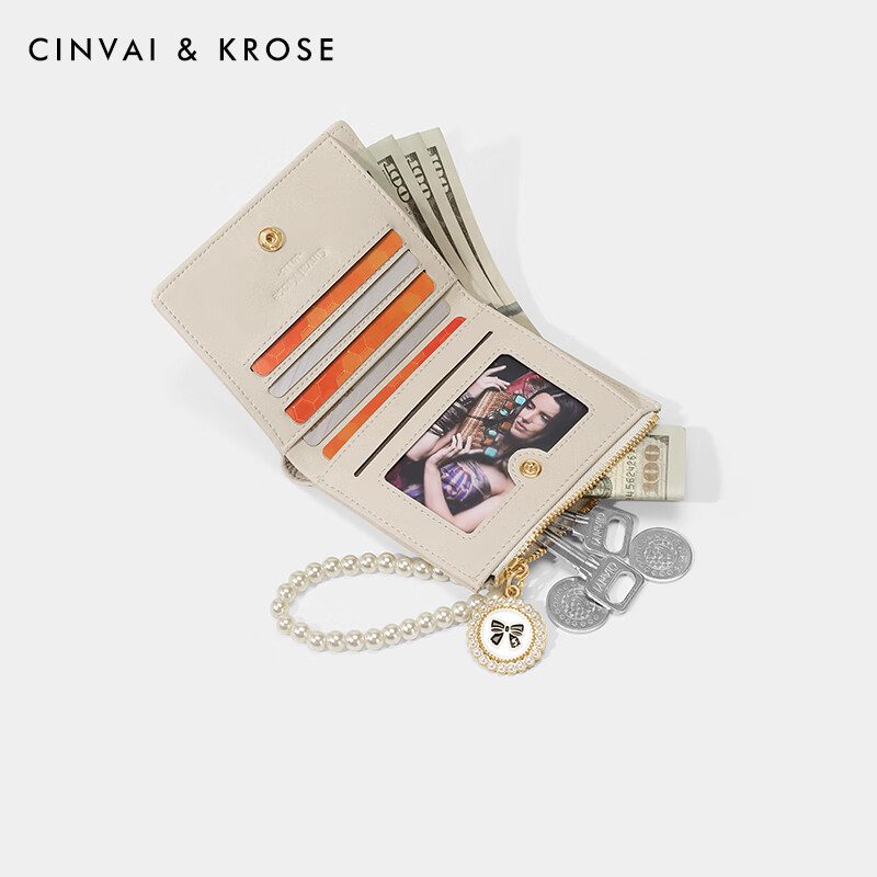 CinvaiKrose Light Luxury Compact Wallet Women's 2025 New Multi-Card Slot Integrated ID Clutch Wallet Birthday Christmas Gift CK Wallet-Cream White Gift for Girlfriend