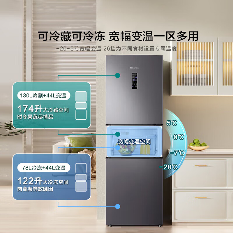 Hisense 252L three-door small refrigerator first-class energy efficiency air-cooled frost-free small apartment rental dormitory home refrigerator gray BCD-252WYK1DPUJ national subsidy