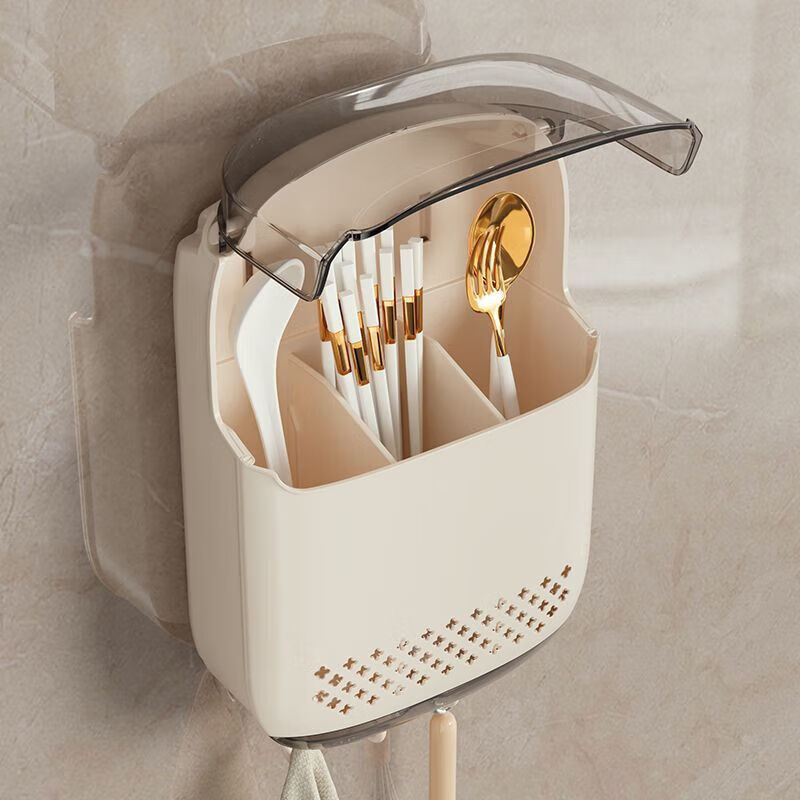 YOUQIN Chopstick Storage Box Kitchen Storage Countertop Spoon Cutlery Container Drain Storage Rack Chopstick Cage Chopstick Basket Chopstick Container Upgraded Model/With 3 Hooks-Milk White