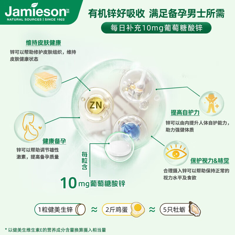 Jamieson organic zinc gluconate tablets 10mg*100 tablets, sufficient but not excessive, promotes body length development, formula 0 additions