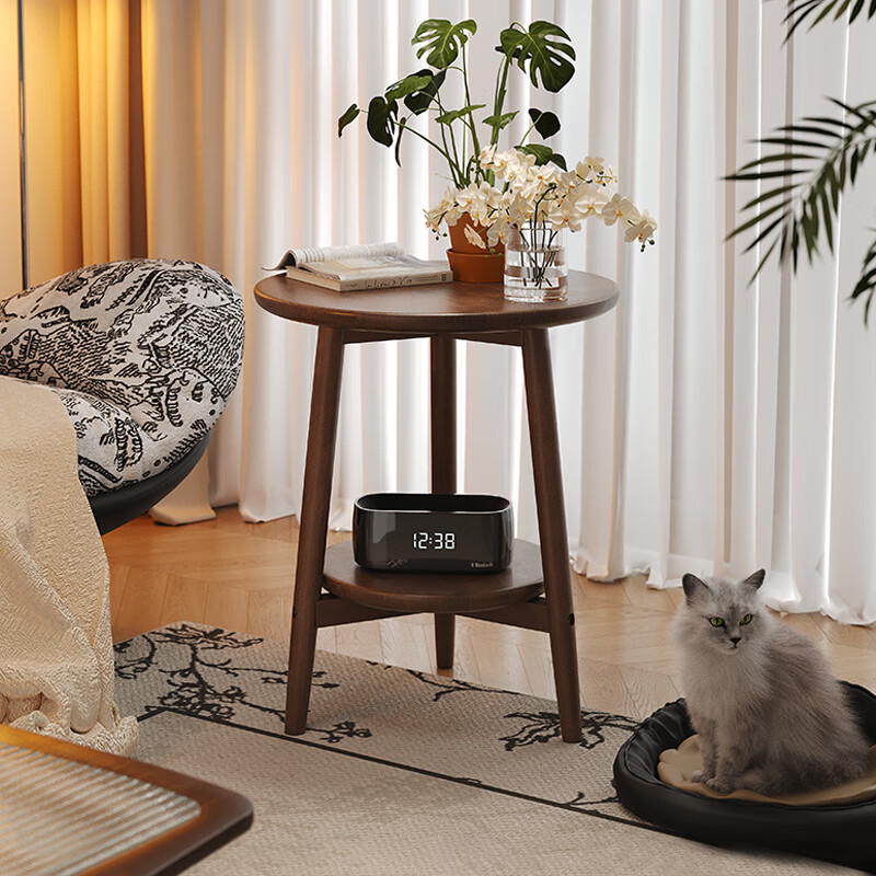 Solid wood small round table coffee table living room household small side table balcony small tea table bedroom bedside table small sofa side table rubber wood imported from Thailand walnut color 40cm