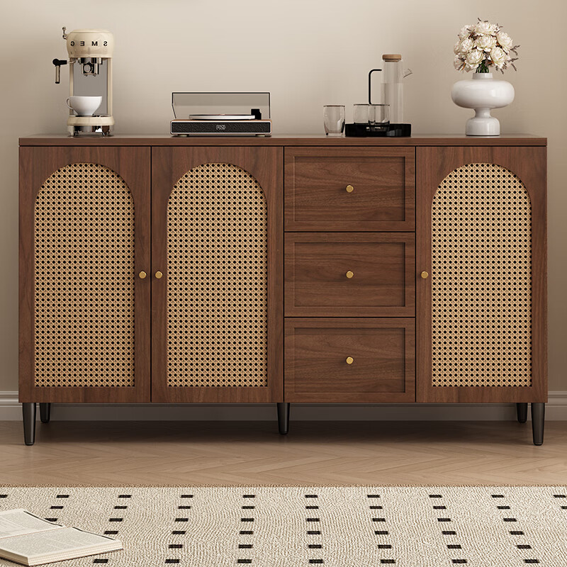 Zhijinxuan sideboard integrated wall-mounted solid wood sideboard tea cabinet rattan door living room multi-functional wine cabinet storage cabinet 80cm rattan model including installation environmentally friendly board