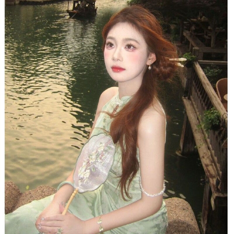 Zhenxiqi new Chinese style national style cool feeling green improved cheongsam sexy style thousands of beautiful halterneck dress women summer turquoise L