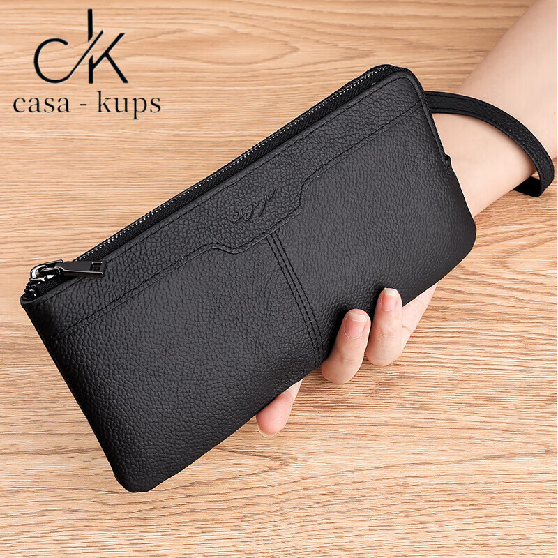 Casa-kupsCK Chinese Valentine's Day leather wallet women's long Korean style fashion men's clutch wrist coin mobile phone bag black
