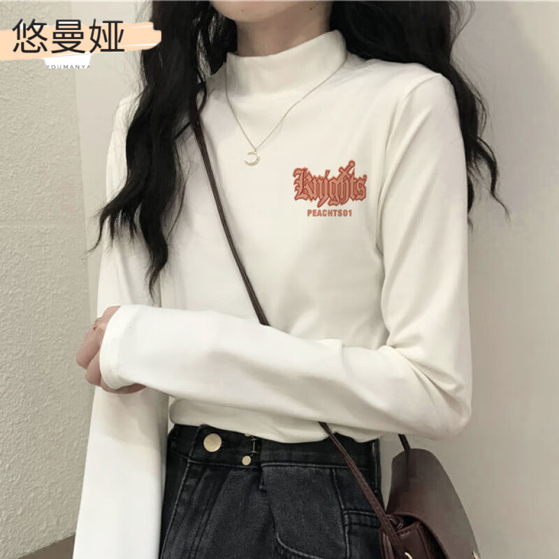 Youmanya de velvet bottoming shirt for female students to wear in autumn and winter half turtleneck t long sleeve t-shirt plus velvet thickened warm clothing autumn coat top de velvet white-294# fuzzy little black cat M 95-110 catties