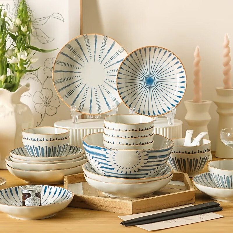 Persson Japanese ceramic tableware set bowls, plates, chopsticks, underglaze colored bowls, housewarming gift, Japanese food impression 24 pieces
