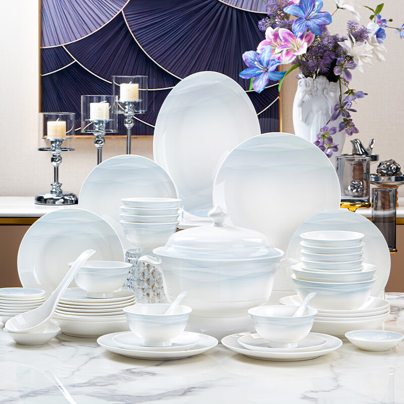 NINE CRANES Jingdezhen high-end bowl set household light luxury gradient dishes simple housewarming gift bowl and plate set 46-piece set | no fear of dishwasher | high-end portable gift box