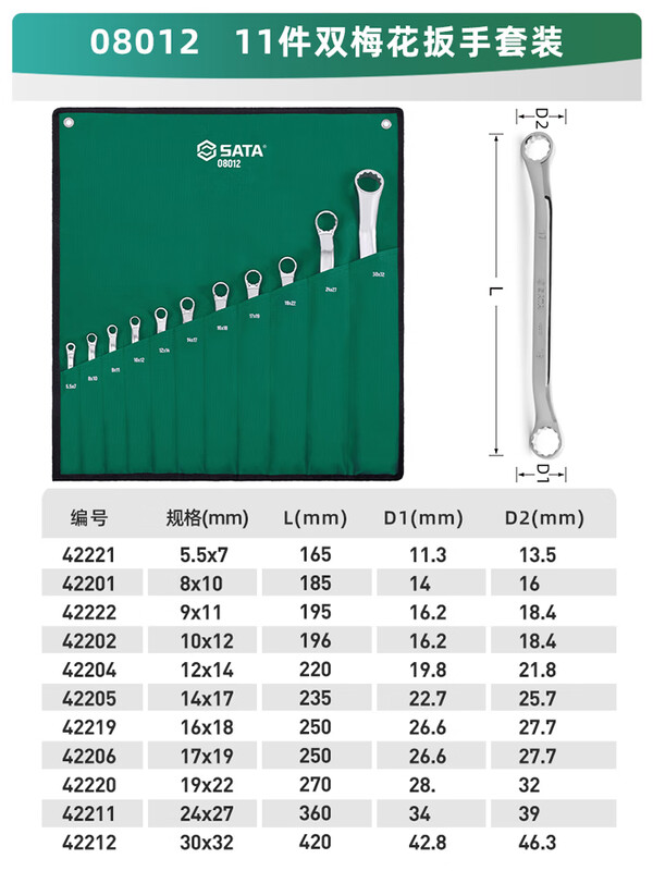 Shida Wrench Set Plum Blossom Open Wrench Dull Ratchet Plate Set Fork Wrench Complete Set 11-piece Set Extended Double Plum Blossom Wrench-08012